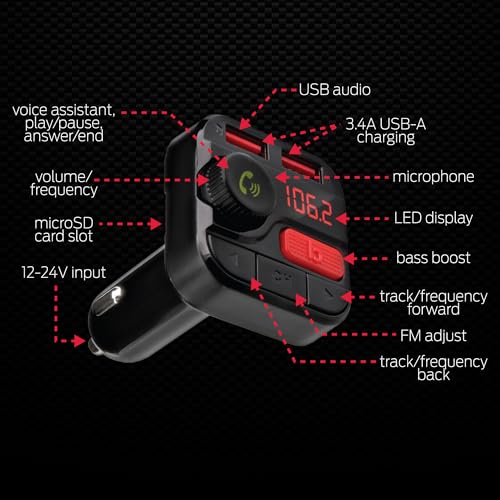 Monster Bluetooth FM Transmitter for Car Cigarette Lighter, Bass Boost, Track Back/Forward, Volume, Play/Answer Buttons, Micro SD Card Slot, Microphone, 2 USB Chargers, Google Voice & Siri Compatible