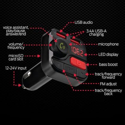 Monster Bluetooth FM Transmitter for Car Cigarette Lighter, Bass Boost, Track Back/Forward, Volume, Play/Answer Buttons, Micro SD Card Slot, Microphone, 2 USB Chargers, Google Voice & Siri Compatible