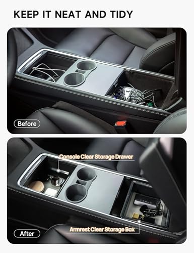 TPARTS Center Console Storage Drawer with Silicone Layer for Tesla Model Y (2021-2024) & Model 3 (2021-2023) Accessories Interior, Translucent Smoke Gray Organizer Tray, Maximize Storage Space