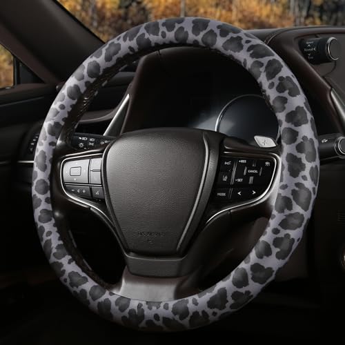 Black Leopard Print Steering Wheel Cover with Silicone Inner Ring, Non-Toxic, Odorless Silicone Leather with Non-Fading Pattern for Men Women, Universal 14.5 to 15 Inch (Black Leopard Print) - style: Black Leopard Print