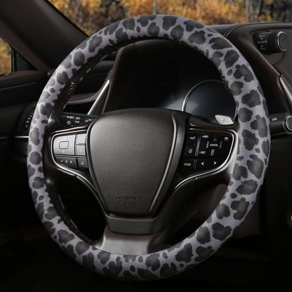Black Leopard Print Steering Wheel Cover with Silicone Inner Ring, Non-Toxic, Odorless Silicone Leather with Non-Fading Pattern for Men Women, Universal 14.5 to 15 Inch (Black Leopard Print) - style: Black Leopard Print