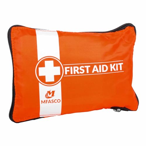 MFASCO First Aid Kit for Home, RV, Automotive - Compact Orange Pouch with Organizers for Small Travel, Backpacking, Cars, Motorcycle, Basic Supplies, Measures 8 x 5 3/4 x 1 1/4 inches, 70 Pieces