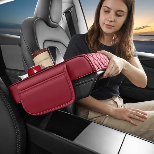 5 in 1 Car Center Console Cover, Armrest Pad with 2 Storage Pockets, Cup Holder, Tissue Box Slot, Phone Holder, Universal Car Interior Organizer (Burgundy) - color: Burgundy
