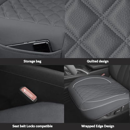 1 Pack PU Leather Quilting Front Car Seat Cover, Anti-Slip Full Wrap-Around Bottom Seat Protector Cushion with Storage Pocket, Universal Fit for Most Vehicles - color: Gray