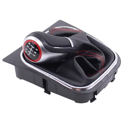 MOTOKU Black Leather with Red Stitching Gear Shifter Knob Boot Cover with 6 Speed Manual Shift Knob and Bracket Base Assembly for Volkswagen Jetta 2006-2014 GTI 2006-2013 Golf 2004-2013