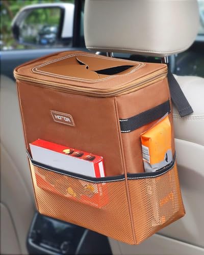 HOTOR Brown Car Trash Can with Adjustable Strap, Magnetic Snaps, Waterproof Lining, and Storage Pocket - color: Brown, size: 2 Gallons