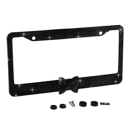 Fashion USA Universal Handmade Black Frame Black Bowtie Crystal License Plate Frames,Exclusive Bling License Plate Holder,Weather Proof Rhinestone License Cover for Women(1 Frame)