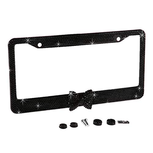 Fashion USA Universal Handmade Black Frame Black Bowtie Crystal License Plate Frames,Exclusive Bling License Plate Holder,Weather Proof Rhinestone License Cover for Women(1 Frame)
