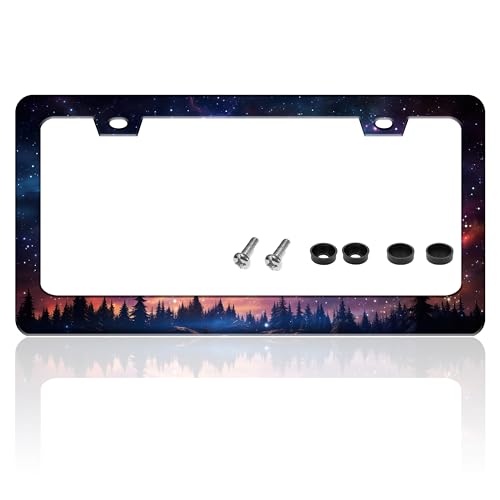 Starry Sky Galaxy License Plate Frame Beautiful Night Forest Funny License Plate Holder for Front or Rear Car Tags Durable Stainless Steel Car Decoration with Screws 6.3 X 12.2 in for Men Women - color: Starry Sky Galaxy