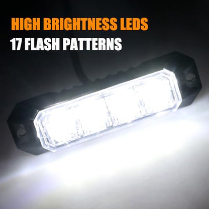 4PCS Ultra Slim LED Strobe Lights for Trucks 4-LED Surface Mount Flashing Emergency Lights, 12V 24V LED Mini Grille Hazard Warning Caution Light for Truck, Vehicles ATV Cars Trailer SUV,White - color: White