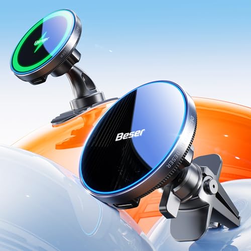 Beser for MagSafe Car Charger Mount, 15W Magnetic Wireless Qi Charger & Phone Holder, Dashboard/Vent Mount for iPhone 16/15/14/13/12 Mini Pro Max, Aluminum Alloy, Black
