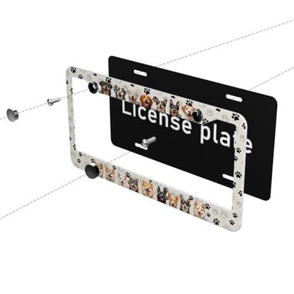 Happy Dogs License Plate Frame Dancing Pawprints Partner Animal Personalise Stainless Steel Funny Design Compatible with Standard License Plate Holder for USA 6 X 12 Inch with Screws - color: Happy Dogs, size: 6"L x 12"W(1PC)