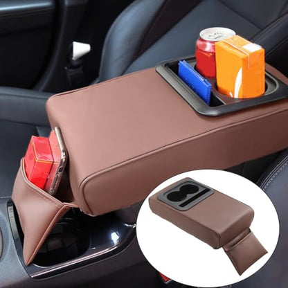 PU Leather Armrest Cushion with Cup Holder, Car Center Console Pad with Front Storage Pocket, Elbow Rest Pillow, Universal Car Armrest Seat Box Cover Protector - Brown - color: Brown