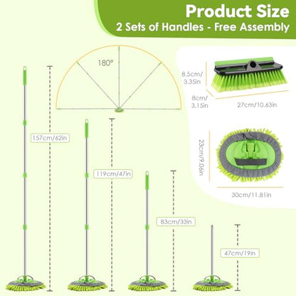 2 Pack Car Wash Brush with Long Handle, 62" Microfiber Car Wash Mop and Car Washing Brush Combo Set, Scratch-Free Soft Bristle Car Wash Mop Brushes Cleaning Kit for Exterior Car, Truck, RV, Boat