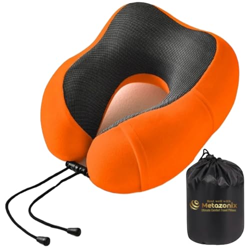 Travel Pillow - 100% Memory Foam - Travel Pillows for Airplane - Neck Pillow Airplane and Car Use - Memory Foam Travel Neck Pillow - Travel Essentials for Women and Men (Orange) - color: Orange