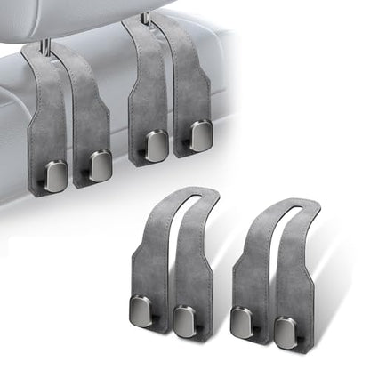 2Pcs Car Headrest Hooks with Premium Leather, Upgraded Double Metal Hooks with Anti-Drop Design, Universal Back Seat Hanger for Bags, Coats, Purses and Groceries (Stylish Gray) - color: Stylish Gray 2Pcs