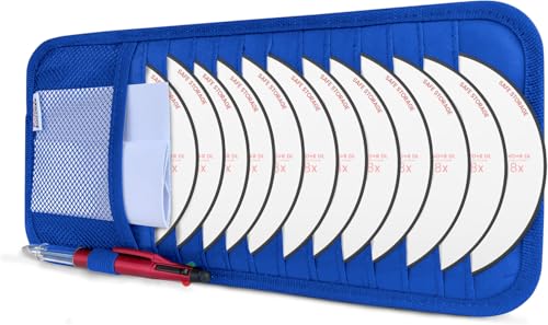 CD Case Holder for Car - Sun Visor Organizer for 12 CD’s/Dvd’s, 1 Mesh Pocket & 1 Horizontal Pen Holder - Safe, Ergonomic Design (Blue) - color: Blue