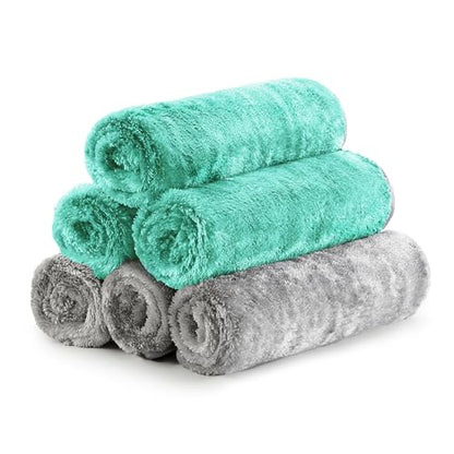 Fantasticlean Microfiber Car Detailing Towels, Car Drying Towel with Edge, Plush, Coral Fleece, 700GSM, 16" x 16", 6 Pack, Scratch-Free, Ultra Absorbent, Car RV Boat House Cleaning (Grey and Green)