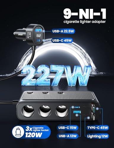 JOYROOM 9 in 1 Cigarette Lighter Splitter, 227W Dual Retractable Car Charger - 45W/24V(36W/12V) USB C Fast Charger for iPhone 17/Samsung, Independent Switches Cigarette Lighter Adapter for Car Devices