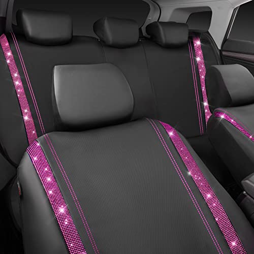 CAR PASS Bling Diamond Car Seat Covers Full Set, Shining Rhinestone Waterproof Faux Leather, Rear with Zipper, Universal Fit Automotive Glitter Crystal Sparkle Strips for Women Girl, Black Pink - color: Pink Diamond, size: Full Set