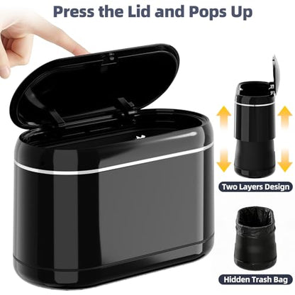PAVSTINE Mini Trash Can for Desk with 5 Rolls of Trash Bags, Small Press-Top Countertop Garbage Bin, Removable Waste Basket for Bedroom, Vanity, Coffee Table, Kitchen (Black Full-Lid) - color: Black Full-Lid