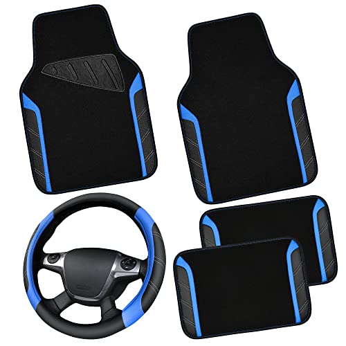 CAR PASS Leather Steering Wheel Cover and Waterproof Car Floor Mats,Microfiber Universal Car Combo Fit for 95% Sedan,SUV,Cars,14.5-15inch Sporty Anti-Slip Safety Comfortable Design(Black＆Blue) - color: Black and Blue