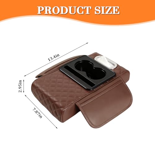 Car Armrest Cushion, 5-in-1 Nappa Leather Vehicle Centre Console Cover with 2 Storage Pockets, Cup Phone & Phone Holder, Multifunctional Auto Organiser Accessories, Universal Fit (Coffee) - color: Coffee