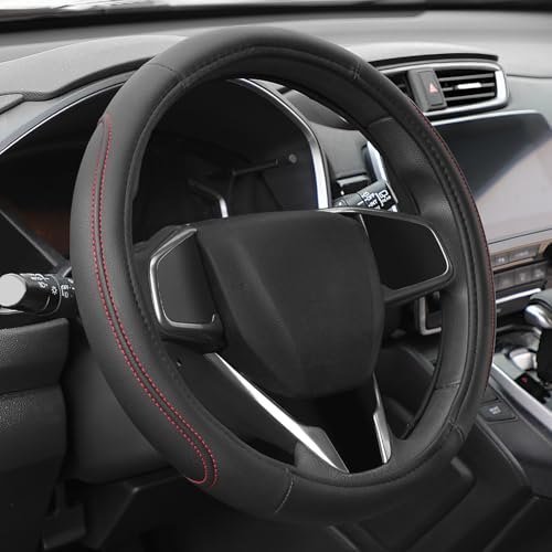 Auto Dynasty Car Steering Wheel Cover, Microfiber Leather Steering Wheel Covers Protector with Anti-Slip Inner Lining, Universal 14.5 to 15 Inch Car Interior Accessories, Black/Red Contrast Stitching - color: Stitched Red C