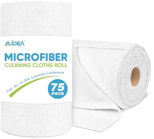 AIDEA Microfiber Cleaning Cloth Roll White, 75PK, Microfiber Towels for Cars, Tear Away Reusable Paper Towels, Commercial Shop Rags, Lint Free Rags for House, Kitchen, Automotive, 11.5"×11.5" - color: White