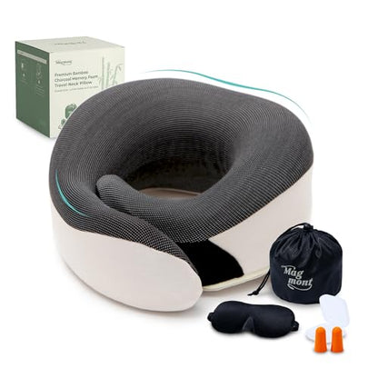 Neck Pillow for Traveling - Bamboo Charcoal Memory Foam with 360° Chin Support for Airplane, Soft & Breathable, Seamless Design, Removable Cover, Travel Accessories Included