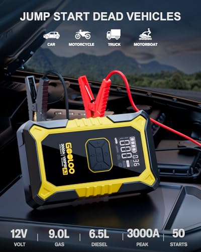 GOOLOO A3 Jump Starter with Air Compressor, 3000A Portable Car Battery Jumper Starter (9.0L Gas/6.5L Diesel) with 150PSI Auto-Shutoff Tire Inflator, 12V Supersafe Lithium Jump Box Car Booster, Yellow - color: Yellow