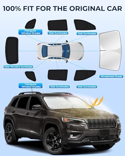 for Jeep Cherokee 2014-2024 Car Window Shades, 8pcs Privacy Sun Shade Set for Front Windshield Side and Rear Windows, Full Window Covers Keeps Vehicle Cool for Camping Napping - size: fit for Jeep Cherokee 2014-2024