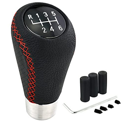 Lunsom 6 Speed Manual Shifter Knob PU Gear Shift Handle Leather Car Shifting Lever Head Accessories Fit Most Vehicle (Red Suture) - color: Red