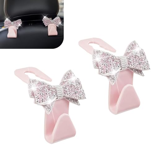 2 PCS Bling Car Seat Headrest Hooks, S Type Crystal Rhinestone Bow Vehicle Seat Back Storage Hooks for Purses Bags Groceries, Universal Diamond Car Rear Seat Organizer (Pink) - color: Pink