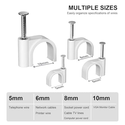 Jadaol Cable Clips with Nails, 400 Pack Cord Wire Clips (5mm 6mm 8mm 10mm), Nail-in Round Cable Tacks for Ethernet Cable, Coaxial, TV, Speaker, Electrical Wire, White - size: 5/6/8/10mm