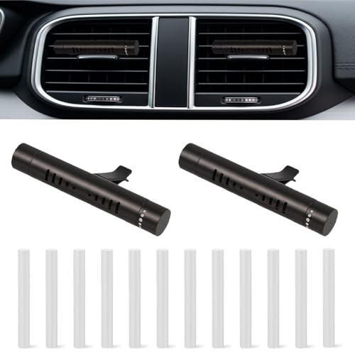 2 Pcs Car Air Essential Oil Diffuser Vent Clip with 12 Pcs Odorless Refill Sticks, Premium Aluminum Air Freshener Diffuser Suitable for Cars, Office, Kitchen (Black, 2 Pcs)