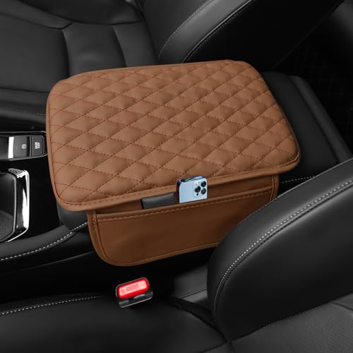 Arm Rest Cover for Car, Leather+Memory Foam Center Console Cover with Storage Bags, Universal Car Interior Accessories Middle Console Cover for Most Car Center Consoles (Saddle Brown) - color: Saddle brown