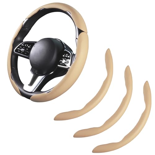 Car Steering Wheel Cover Leather Snap On 3Pcs Set Non-Slip Protector Wrap Steering Wheel Accessories 14.5-15 inch Universal Beige - color: Beige