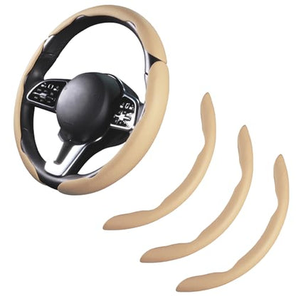 Car Steering Wheel Cover Leather Snap On 3Pcs Set Non-Slip Protector Wrap Steering Wheel Accessories 14.5-15 inch Universal Beige - color: Beige