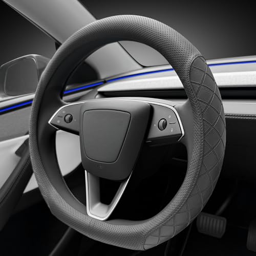 LKWLIKEI Leather Steering Wheel Cover. Elegant Diamond Checkered Design, Non-Slip and Breathable, for Tesla Model 3/Y Steering Wheel Protector,Black - color: Black