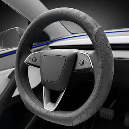 LKWLIKEI Leather Steering Wheel Cover. Elegant Diamond Checkered Design, Non-Slip and Breathable, for Tesla Model 3/Y Steering Wheel Protector,Black - color: Black