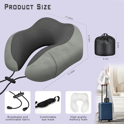 Neck Travel Pillow, Upgraded Memory Foam Pillow for Airplane, Machine Washable, Adjustable Flight Pillow, Suitable for Sleeping Airplane, Car, Office and Home (Grey) - color: Grey