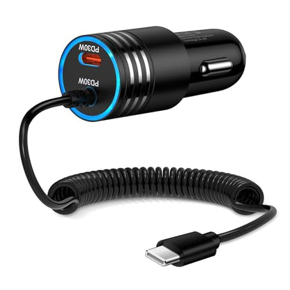 for iPhone 17e 17 Car Charger, 60W USB C Fast Car Adapter with 3FT Built-in Coiled USB C Fast Charging Cable for iPhone 17e 17 Pro Max 17 Pro Air 16e 16 Pro Max 16 Plus 15,Samsung Galaxy S26 A17 A56 - style: Coiled Cable