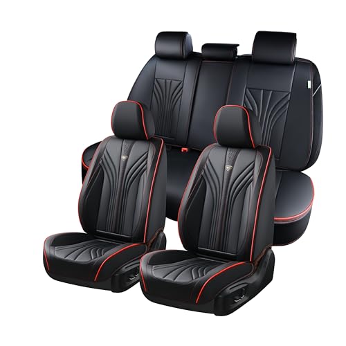 FLORICH Car Seat Covers Full Set, 5 Seats Universal Seat Covers for Cars, Waterproof Nappa Leather Auto Seat Protectors, Black Front and Rear Seat Protectors Fit for Cars SUV Pick-up Truck - color: Black&Red line, size: Full set