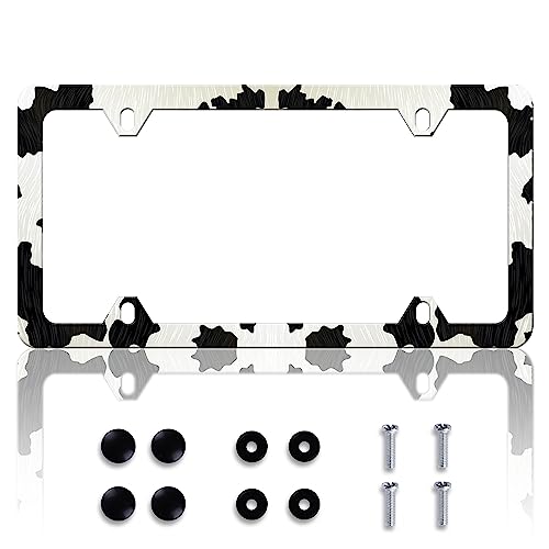 Cow Print License Plate Frame Animal License Plate Frames Personalise Stainless Steel Funny Design Compatible with Standard License Plate Holder for USA and Canada 6 X 12 with Screws - color: Cow Print