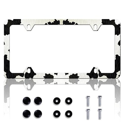 Cow Print License Plate Frame Animal License Plate Frames Personalise Stainless Steel Funny Design Compatible with Standard License Plate Holder for USA and Canada 6 X 12 with Screws - color: Cow Print