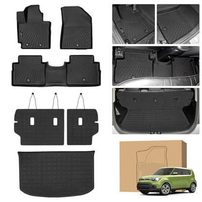 PELEUS Floor Mats for Kia Soul 2014-2019 (Not for Hybrid), Custom Fit All-Weather TPE Floor Liners with Cargo Mat & Backrest Protectors, 6PCS Heavy Duty Full Set Interior Accessories, Black - style: For Kia Soul 2014-2019