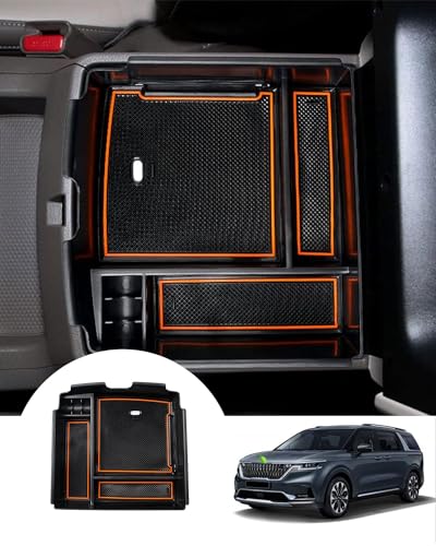 Autorder Center Console Organizer for 2022-2026 Kia Carnival KA4 MPV Accessories Armrest Storage Box Secondary Insert Tray with Orange/Black Silicone Pad - size: 2022-2026 Kia Carnival KA4 MPV