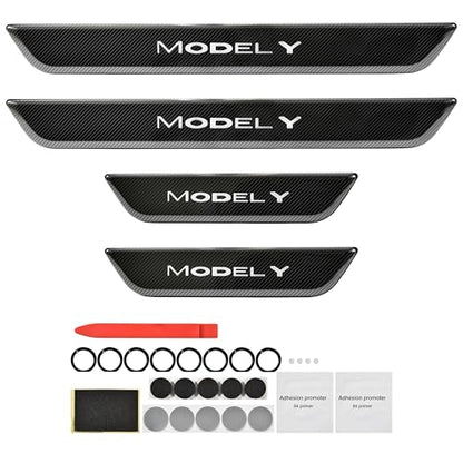 KEWISAUTO Door Sill Cover Protector with LED Light for Model Y, Pedal Pathway Lights Door Welcome Courtesy Pedal Mood Light for 2020-2024 Tesla Model Y Accessories (Carbon Fiber Style) - 4PCS