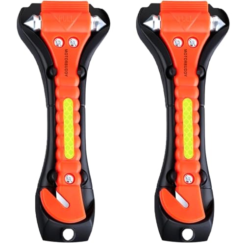 MOTORBUDDY 2-Pack Car Safety Hammer Seatbelt Cutter, Auto Emergency Escape Hammer with Window Glass Breaker and Seat Belt Cutter, Escape Tool for Car Accidents - color: Red Orange